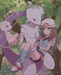 Rule 34 | 1girl, 343rone, absurdres, bike shorts, brown eyes, brown hair, carrying, closed mouth, commentary request, creatures (company), game freak, gen 1 pokemon, green shirt, hair flaps, hat, highres, leaf (pokemon), legendary pokemon, long hair, mew (pokemon), mewtwo, mythical pokemon, nintendo, outdoors, pleated skirt, pokemon, pokemon (creature), pokemon frlg, shirt, shoes, sidelocks, skirt, sleeveless, sleeveless shirt, socks, tree, twitter username, watermark, white headwear