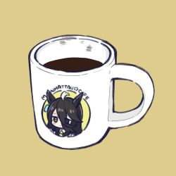 Rule 34 | 1girl, ahoge, animal ears, black hair, black shirt, brown background, brown eyes, chibi, closed mouth, coffee, collared shirt, commentary request, cup, eyes visible through hair, hair over one eye, horse ears, manhattan cafe (umamusume), mug, necktie, nozo (hitomiz), shirt, simple background, solo, umamusume, yellow necktie