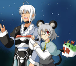 Rule 34 | 1boy, 1girl, ahoge, anger vein, animal ears, be (o-hoho), bespectacled, biting, blush, bow, capelet, choker, closed eyes, glasses, hetero, highres, horns, jealous, long sleeves, morichika rinnosuke, mouse ears, mouse tail, nazrin, night, open mouth, red eyes, silver hair, sukusuku hakutaku, tail, tongue, touhou, wide sleeves