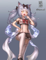 Rule 34 | 1girl, :d, anchor choker, animal ears, armband, armpits, azur lane, bare shoulders, black choker, black footwear, black ribbon, blush, bow, bowtie, breasts, choker, collarbone, commentary request, crop top, dated, fang, floral print, gradient background, hair bow, hand on own hip, ikeda (cpt), leg up, long hair, looking at viewer, midriff, miniskirt, navel, ojou-sama pose, open mouth, pleated skirt, red ribbon, ribbon, sailor collar, school uniform, serafuku, shirt, shoes, sidelocks, signature, silver hair, skirt, sleeveless, sleeveless shirt, slit pupils, small breasts, smile, solo, stomach, suspenders, thighhighs, twintails, v-shaped eyebrows, white ribbon, white thighhighs, yellow eyes, yukikaze (azur lane), zettai ryouiki