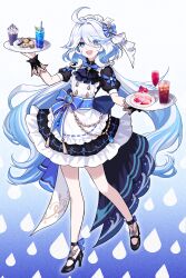 Rule 34 | 1girl, :d, ahoge, ascot, black ascot, black footwear, blue brooch, blue eyes, blue hair, cake, cake slice, dress, drink, food, full body, furina (genshin impact), genshin impact, hair between eyes, heterochromia, high heels, highres, holding, holding plate, kyundoo, light blue hair, long hair, looking at viewer, maid, multicolored hair, open mouth, plate, short sleeves, sidelocks, simple background, smile, snack, solo, streaked hair, two-tone hair, vision (genshin impact), white background