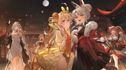 Rule 34 | 5girls, :/, :d, absurdres, ahoge, animal ears, animal print, apc556 (girls&#039; frontline), apc556 (magnolia&#039;s ballad) (girls&#039; frontline), architecture, bare shoulders, bird, black gloves, blonde hair, blue eyes, breasts, china dress, chinese clothes, chinese new year, city lights, cleavage, cowboy shot, double bun, dp28 (coiling morning glory) (girls&#039; frontline), dp28 (girls&#039; frontline), dress, east asian architecture, elbow gloves, erma (girls&#039; frontline), erma (hazy fragrance) (girls&#039; frontline), feather boa, feet out of frame, full moon, girls&#039; frontline, gloves, grey hair, hair bun, hand fan, hand up, highres, holding, holding fan, jacket, large breasts, long dress, long hair, long sleeves, looking at viewer, mk3a1 (girls&#039; frontline), mk3a1 (scarlet intoxication) (girls&#039; frontline), moon, multiple girls, night, night sky, official art, official wallpaper, open mouth, orange dress, rabbit ears, rabbit print, red dress, red hair, red jacket, short dress, short hair, short sleeves, sky, sleeveless, sleeveless dress, small breasts, smile, star (sky), starry sky, tabuk (girls&#039; frontline), tabuk (twofold felicitation) (girls&#039; frontline), teeth, tuanshan, upper teeth only, very long hair, white dress, white hair, yellow eyes