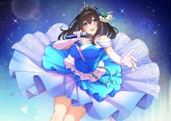 Rule 34 | 1girl, absurdres, black hair, blue dress, blue eyes, blush, commentary request, cowboy shot, dress, facing viewer, gloves, go-1, highres, holding, holding microphone, idolmaster, idolmaster cinderella girls, jewelry, long hair, looking at viewer, microphone, necklace, off-shoulder dress, off shoulder, open mouth, sagisawa fumika, smile, solo, sparkle, tiara, white gloves