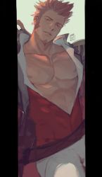 Rule 34 | 1boy, abs, beard, blue eyes, brown hair, commentary request, epaulettes, facial hair, fate/grand order, fate (series), highres, kanataria, large pectorals, long sideburns, long sleeves, looking at viewer, male focus, muscular, napoleon bonaparte (fate), pants, pectorals, scar, simple background, solo, water drop