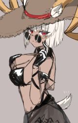 Rule 34 | 1girl, absurdres, alternate costume, animal ears, arknights, ass, bikini, black bikini, breasts, brown hat, carnelian (arknights), cleavage, closed mouth, dark-skinned female, dark skin, from side, gloves, goat ears, goat girl, goat horns, goat tail, grey background, hat, highres, horn/wood, horns, large breasts, looking at viewer, looking to the side, red eyes, round eyewear, sarong, see-through, short hair, silver hair, simple background, sketch, smile, solo, straw hat, sunglasses, swimsuit, white gloves