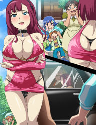 Rule 34 | 3girls, areola slip, ass, beyblade, beyblade: burst, blue eyes, blue hair, blush, bodycon, breasts, bridal gauntlets, cameltoe, car, choker, christina kuroda, cleavage, cloud, covered erect nipples, covering own eyes, crossed arms, day, embarrassed, facial hair, from behind, green eyes, groin, hairband, hands on own face, hat, highres, large breasts, legs, light blush, long hair, looking at viewer, makino tomoyasu, motor vehicle, multiple girls, multiple views, mustache, necktie, nipples, no eyes, open mouth, outdoors, panties, pointing, pregnant, red hair, revealing clothes, short hair, sitting, sky, smile, standing, surprised, thighs, tree, underwear, upskirt