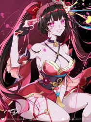 Rule 34 | 1girl, absurdres, bare shoulders, bell, black choker, black hair, black sash, breasts, chest tattoo, choker, cleavage, commentary, criss-cross halter, detached sleeves, english commentary, facial mark, grin, gun, halterneck, hamonji, handgun, highres, holding, holding gun, holding weapon, honkai: star rail, honkai (series), jingle bell, large breasts, long hair, looking at viewer, neck bell, o-ring, obi, pink eyes, revolver, sash, short sleeves, sitting, smile, solo, sparkle (honkai: star rail), tattoo, thighs, twintails, very long hair, weapon