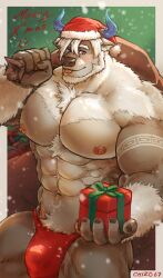 Rule 34 | 1boy, abs, absurdres, artist name, bara, big foot (housamo), bulge, bull, chizo (chizo67), christmas, commentary, english commentary, furry, furry male, gift, hat, highres, holding, holding gift, holding sack, horns, male focus, merry christmas, mixed-language commentary, muscular, muscular male, sack, santa hat, self-upload, smiley face, snowing, solo, tokyo houkago summoners, tongue, tongue out, topless male