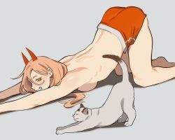 Rule 34 | 1girl, all fours, ass, bare legs, breast press, cat, cat stretch, chainsaw man, grin, gym shorts, highres, horns, meowy (chainsaw man), orange eyes, orange hair, porqueloin, power (chainsaw man), red horns, red shorts, shorts, sideways glance, smile, solo, stretching, top-down bottom-up, topless, white cat