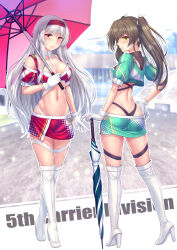 Rule 34 | 2girls, alternate breast size, ass, black panties, boots, breasts, brown eyes, crop top, cropped jacket, from behind, full body, gloves, green skirt, grey hair, hairband, highleg, highleg panties, highres, kantai collection, large breasts, long hair, looking at viewer, looking back, miniskirt, multiple girls, panties, race queen, red hairband, red skirt, ryu-akt, shoukaku (kancolle), skirt, thigh boots, thighhighs, thong, umbrella, underwear, white gloves, white hair, white panties, white thighhighs, zuikaku (kancolle)