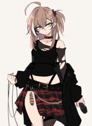 Rule 34 | 1girl, ahoge, belt, black belt, black choker, black nails, black pantyhose, black shirt, breasts, brown hair, chain, choker, colored tips, dyed bangs, emo fashion, expressionless, eyelashes, eyeliner, feathers, goth fashion, hair between eyes, hair ornament, hair tie, hairpin, half updo, highres, hololive, hololive english, jewelry, long hair, m r b, makeup, medium breasts, messy hair, multicolored hair, nanashi mumei, necklace, pantyhose, plaid, plaid skirt, pleated skirt, ponytail, punk, shirt, side ponytail, sidelocks, simple background, single leg pantyhose, skirt, solo, stomach, tank top, thick thighs, thighs, torn clothes, torn sleeves, virtual youtuber, white background