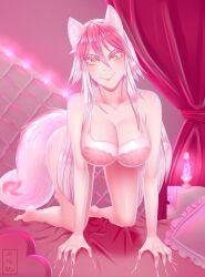 Rule 34 | 1girl, ainimu, all fours, animal ears, artist name, bare shoulders, bed, bra, breasts, claws, cleavage, eyelashes, fang, female focus, full body, grin, highres, indoors, large breasts, lava lamp, lingerie, lips, long hair, looking at viewer, murenase! shiiton gakuen, nail polish, naughty face, okami feriru, on bed, pillow, pink background, pink hair, pink nails, seductive smile, sheath, slashing, smile, solo, tail, teeth, underwear, wolf ears, wolf girl, wolf tail, yellow eyes