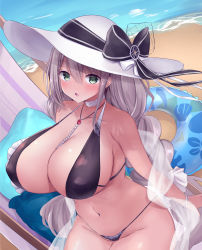 Rule 34 | 1girl, aquila (azur lane), aquila (a sip of sardegnian elegance) (azur lane), azur lane, beach, beach chair, bikini, black bikini, blush, braid, breasts, cleavage, collarbone, covered erect nipples, cushion, from above, green eyes, hat, hat ribbon, highres, huge breasts, jewelry, long hair, looking at viewer, navel, necklace, ocean, official alternate costume, open mouth, ribbon, sarong, sideboob, silver hair, simple background, sitting, solo, sun hat, swimsuit, yuuki shuri