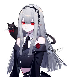 Rule 34 | 1girl, bare shoulders, black cat, black necktie, black shirt, cat, commentary request, crop top, grey hair, highres, long hair, long sleeves, looking at viewer, midriff, necktie, original, parted lips, pointy ears, red eyes, sheya, shirt, simple background, solo, upper body, very long hair, white background