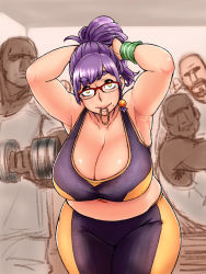 armpits breasts cleavage glasses hair_tie midriff mole mouth_hold original purple_hair teatime_(mike) yellow_eyes