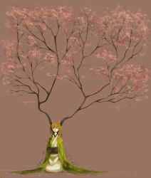 Rule 34 | 1boy, antlers, bird, brown background, brown hair, clona, closed eyes, commentary request, expressionless, horns, japanese clothes, kimono, long hair, male focus, original, petals, seiza, simple background, sitting, solo, tree, v arms