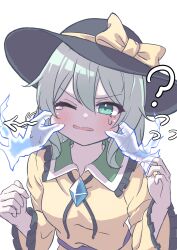 1girl ? absurdres black_hat blush bow buttons cheek_pinching collared_shirt commentary_request diamond_button disembodied_hand dot_nose frilled_shirt_collar frills green_eyes green_hair hands_up hat hat_bow hat_ribbon highres hihi_(cvwv4322) komeiji_koishi long_sleeves motion_lines one_eye_closed open_mouth pinching ribbon shirt sidelocks solo stretching_cheeks sweatdrop tearing_up touhou wide_sleeves yellow_bow yellow_ribbon yellow_shirt