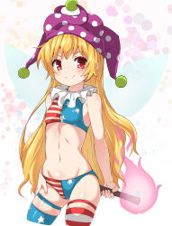 Rule 34 | 1girl, american flag bikini, american flag print, bikini, blonde hair, breasts, clownpiece, commentary, contrapposto, cropped legs, flag print, hat, highres, holding, holding torch, huyusilver, jester cap, long hair, looking at viewer, navel, neck ruff, polka dot headwear, print bikini, purple hat, red eyes, small breasts, solo, swimsuit, thigh strap, torch, touhou, white background