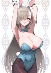Rule 34 | 1girl, absurdres, animal ears, armpits, arms up, asuna (blue archive), asuna (bunny) (blue archive), bare shoulders, black pantyhose, blue archive, blue bow, blue bowtie, blue eyes, blue leotard, bow, bowtie, breasts, brown hair, cleavage, collar, commentary request, detached collar, eyes visible through hair, fake animal ears, grin, hair over one eye, highres, large breasts, leotard, mole, mole on breast, pantyhose, pizzasi, playboy bunny, rabbit ears, smile, solo, strapless, strapless leotard, traditional bowtie, white background, white collar, wing collar, wrist cuffs
