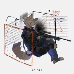 Rule 34 | 1boy, abstract background, animal hands, black claws, black eyes, english text, furry, furry male, gun, highres, holding, holding gun, holding weapon, itooku, looking to the side, military uniform, original, rifle, sitting, sniper rifle, uniform, weapon, white background, white fur, wolf boy