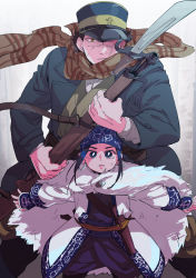 Rule 34 | 1boy, 1girl, age difference, ainu, ainu clothes, arisaka, asirpa, bandana, bayonet, black hair, blue bandana, blue coat, blue eyes, blue headwear, bolt action, brown eyes, brown scarf, cape, coat, commentary request, ear piercing, earrings, facial scar, fur cape, golden kamuy, grey background, gun, hat, holding, holding gun, holding weapon, hoop earrings, imperial japanese army, jewelry, kepi, long hair, long sleeves, looking at viewer, maddy, military, military hat, military uniform, one eye covered, open mouth, pants, parted lips, piercing, pouch, rifle, scar, scar on cheek, scar on face, scar on nose, scarf, sheath, shirt, short hair, sidelocks, simple background, standing, star (symbol), sugimoto saichi, sweat, two-tone headwear, uniform, weapon, white background, white cape, white shirt, yellow headwear