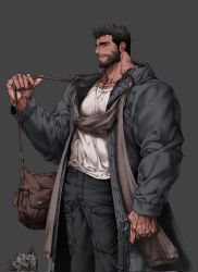 Rule 34 | 1boy, adam&#039;s apple, bag, bara, beard, black hair, chest hair peek, coat, concrete, dobek k, eyebrow cut, facial hair, feet out of frame, from side, grey background, grey coat, grey pants, grey scarf, gun, highres, holding, holding bag, holding gun, holding weapon, male focus, messenger bag, muscular, muscular male, original, pants, parted lips, pouch, scar, scar on chest, scar on hand, scar on neck, scarf, shirt, short hair, shoulder bag, solo, thick eyebrows, veins, veiny hands, weapon, white shirt, wrinkled fabric