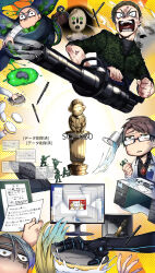 Rule 34 | 3boys, absurdres, blue eyes, brown hair, bucket, character request, closed mouth, commentary request, constricted pupils, food, glasses, green eyes, green hair, gun, hands up, highres, holding, holding gun, holding weapon, lab coat, looking at viewer, machine gun, male focus, military uniform, monitor, multiple boys, multiple views, open mouth, pie, scp-050, scp-173, scp foundation, short hair, slime (substance), sunburst, tentacles, toy soldier, translation request, uniform, very short hair, weapon, weapon request, yellow background, zzb azz
