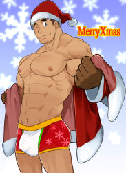 Rule 34 | 1boy, bara, bare pectorals, boxers, christmas, covered penis, dark-skinned male, dark skin, facial hair, feet out of frame, goatee stubble, hat, highres, incoming gift, large pectorals, looking at viewer, male focus, male underwear, merry christmas, muscular, muscular male, nakata shunpei, nipples, no pants, one eye closed, original, pectorals, presenting pectorals, red hat, red male underwear, santa costume, santa hat, short hair, smile, solo, standing, stubble, thick eyebrows, underwear, undressing, white male underwear