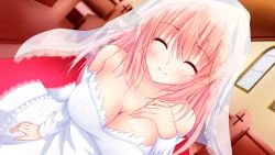 Rule 34 | 1girl, breasts, cleavage, closed eyes, closed mouth, dress, dutch angle, facing viewer, hand on own chest, indoors, large breasts, merxkialis, off-shoulder dress, off shoulder, pink hair, saigyouji yuyuko, short hair, smile, solo, touhou, upper body, veil, wedding dress, white dress