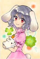 Rule 34 | 1girl, 2zuz4hru, :3, animal, animal ears, black hair, breasts, carrot necklace, closed mouth, clover, commentary request, cowboy shot, dress, floppy ears, frilled shirt collar, frills, from side, highres, holding, holding animal, holding rabbit, inaba tewi, jewelry, looking at viewer, marker (medium), necklace, painting (medium), pink dress, puffy short sleeves, puffy sleeves, rabbit, rabbit ears, red eyes, short sleeves, small breasts, solo, touhou, traditional media, watercolor (medium), white tail