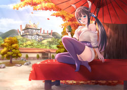 Rule 34 | 1girl, absurdres, bare shoulders, bench, blue eyes, blush, breasts, brown hair, castle, cleavage, creatures (company), crossed legs, cup, falling leaves, game freak, hair ornament, heroine (pokemon conquest), highres, japanese clothes, kimono, leaf, leg lift, legs, long hair, looking at viewer, multicolored hair, nintendo, panties, pantyshot, pokemon, pokemon conquest, ponytail, purple panties, purple thighhighs, red umbrella, sebu illust, sengoku musou, smile, solo focus, strap slip, sunlight, teacup, thighhighs, thighs, tree, umbrella, underwear, very long
