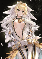 Rule 34 | 10s, 1girl, ahoge, asle, belt, black background, blonde hair, bodysuit, breasts, breasts apart, bridal veil, chain, contrapposto, cowboy shot, fate/extra, fate/extra ccc, fate (series), flower, gloves, green eyes, hair intakes, hands on own hips, large breasts, lock, looking at viewer, navel, nero claudius (bride) (fate), nero claudius (fate), nero claudius (fate) (all), open mouth, partially unzipped, petals, short hair, solo, standing, tsurime, veil, white bodysuit, white gloves, wreath, zipper