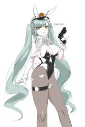 Rule 34 | 1girl, @ @, ahmjya, animal ears, bare shoulders, between breasts, black leotard, blush, breasts, brown pantyhose, clenched teeth, detached collar, fake animal ears, fake tail, gloves, goddess of victory: nikke, green hair, green necktie, gun, handgun, holding, holding weapon, large breasts, leotard, long hair, looking at viewer, necktie, orange eyes, pantyhose, playboy bunny, privaty (nikke), rabbit ears, rabbit tail, skindentation, solo, strapless, strapless leotard, tail, teeth, thigh strap, thighs, torn clothes, torn pantyhose, twintails, very long hair, visor cap, weapon, white gloves, wrist cuffs