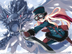 Rule 34 | 1girl, blonde hair, dragon, gagraphic, gloves, goggles, green eyes, hat, long hair, pantyhose, red scarf, scarf, solo, sword, usatsuka eiji, wallpaper, weapon