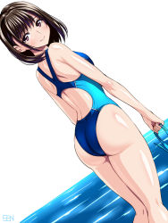 Rule 34 | 1girl, anegasaki nene, ass, bad id, bad pixiv id, brown eyes, brown hair, competition swimsuit, dutch angle, from behind, highleg, highleg swimsuit, looking back, love plus, mole, mole under eye, one-piece swimsuit, sen (sansui), short hair, smile, solo, swimsuit