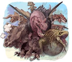 Rule 34 | anjanath, barroth, blue eyes, chibi, claws, closed mouth, diablos, dragon, elsass, full body, great jagras, horns, jyuratodus, looking at viewer, looking to the side, monster hunter (series), monster hunter: world, no humans, nostrils, open mouth, rathalos, red eyes, scales, sharp teeth, slit pupils, teeth, wyvern, yellow eyes