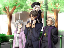 Rule 34 | 2boys, 2girls, caren hortensia, cassock, claudia hortensia, dress, eyepatch, family, fate/hollow ataraxia, fate/stay night, fate/zero, fate (series), father and daughter, father and son, jacket, kotomine kirei, kotomine risei, mother and daughter, multiple boys, multiple girls, old, old man, short hair, stole, urako, wavy hair, white hair, yellow eyes