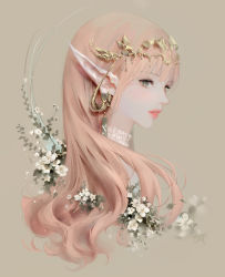 Rule 34 | 1girl, absurdres, brown background, cropped shoulders, dadachyo, earrings, flower, green eyes, highres, jewelry, light brown hair, lips, long hair, long pointy ears, looking at viewer, original, parted lips, pink lips, pointy ears, signature, solo