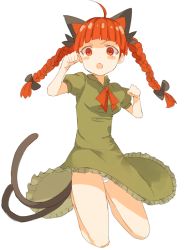 Rule 34 | 1girl, adapted costume, ahoge, alternate costume, animal ears, bad id, bad twitter id, blush stickers, bow, bowtie, braid, cat ears, cat tail, dress, extra ears, frills, full body, green dress, hair bow, hair ornament, kaenbyou rin, long hair, looking at viewer, multiple tails, open mouth, panties, pantyshot, paw pose, pokan (xz1128), puffy sleeves, red eyes, red hair, short sleeves, simple background, solo, tail, touhou, twin braids, underwear, upskirt, white background, white panties