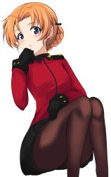 Rule 34 | 1girl, :o, absurdres, aikir (jml5160), black gloves, black pantyhose, black skirt, blue eyes, blush, braid, commentary, floating, girls und panzer, gloves, highres, jacket, knees up, long sleeves, looking at viewer, military, military uniform, miniskirt, orange hair, orange pekoe (girls und panzer), pantyhose, parted bangs, parted lips, pleated skirt, red jacket, short hair, simple background, skirt, solo, st. gloriana&#039;s military uniform, twin braids, uniform, white background