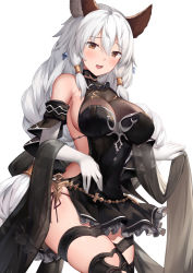 Rule 34 | 1girl, animal ears, backless dress, backless outfit, belly chain, black dress, black legwear, blush, braid, breasts, cat ears, covered navel, dress, elbow gloves, erune, gloves, granblue fantasy, hair intakes, hair tubes, heles, heles (irestill evening dress) (granblue fantasy), jewelry, large breasts, long hair, looking at viewer, open mouth, sash, sidelocks, silver hair, simple background, single braid, smile, solo, suzuame yatsumi, thigh strap, thighs, white background, white gloves, yellow eyes