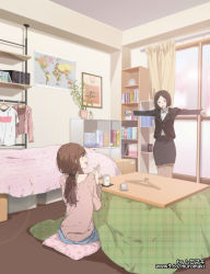 Rule 34 | 2girls, aran sweater, artist name, bed, bedroom, black skirt, blanket, blush, bob cut, book, bookshelf, box, cable knit, cardboard box, cd, clapping, clock, closed eyes, clothes, clothes hanger, cup, curtains, formal, highres, indoors, kotatsu, looking at another, low ponytail, map, multiple girls, muromaki, office lady, original, pantyhose, parted bangs, phone, pillow, pink sweater, plant, poster (object), potted plant, shirt, short hair, skirt, skirt suit, sliding doors, smile, suit, sweater, table, teacup, watermark, web address, white shirt, window, world map