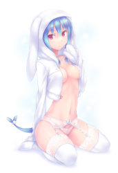 Rule 34 | 1girl, animal ears, animal hood, aqua hair, breasts, full body, garter belt, hood, hoodie, lace, lace-trimmed legwear, lace panties, lace trim, lingerie, long sleeves, medium breasts, monster girl, nanakusa, navel, no bra, no pants, open clothes, open shirt, original, panties, rabbit ears, rabbit hood, red eyes, shirt, simple background, sitting, sleeves past wrists, solo, tail, thighhighs, underwear, wariza, white theme, white thighhighs