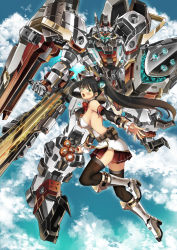 Rule 34 | 1girl, animal ears, bad id, bad pixiv id, black hair, blue eyes, breasts, cleavage, fake animal ears, floating hair, from side, garimpeiro, glowing, glowing eyes, green hair, gun, highres, holding, holding gun, holding shield, holding staff, holding weapon, looking at viewer, mecha, medium breasts, open hand, original, robot, shield, staff, thighhighs, twintails, weapon