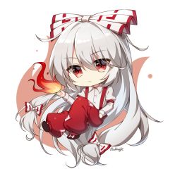 Rule 34 | 1girl, artist name, bad id, bad pixiv id, black footwear, bow, chibi, closed mouth, collared shirt, fire, fire, footwear bow, fujiwara no mokou, full body, hair bow, hand in pocket, highres, long hair, long sleeves, multiple hair bows, ofuda, ofuda on clothes, pants, pudding (skymint 028), pyrokinesis, red eyes, red pants, shirt, shoes, sidelocks, signature, silver hair, simple background, solo, suspenders, touhou, v-shaped eyebrows, very long hair, white background, white bow, white shirt