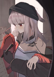 Rule 34 | 1girl, 1other, absurdres, arknights, bare shoulders, beanie, black gloves, black headwear, blush, closed mouth, commentary request, dress, ears through headwear, frostleaf (arknights), gloves, grey hair, hand up, hat, highres, jacket, long hair, long sleeves, looking down, off shoulder, open clothes, open jacket, puffy long sleeves, puffy sleeves, red eyes, red jacket, sleeves past wrists, suzubotan, sweat, white dress