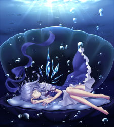 Rule 34 | 1girl, barefoot, blue dress, blue hair, bubble, cirno, clam, closed eyes, cloudy.r, dress, artistic error, fish, floating clothes, highres, ice, ice wings, light rays, lying, on side, oyster, ribbon, short hair, sleeping, solo, sunbeam, sunlight, touhou, underwater, wings, wrong foot