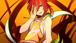 Rule 34 | 1boy, bad id, bad twitter id, ensemble stars!, hand on own face, hood, hoodie, jewelry, male focus, multicolored hair, necklace, red hair, sakasaki natsume, short hair, sleeveless, sleeveless hoodie, smile, solo, streaked hair, switch (ensemble stars!), yellow eyes