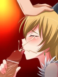 Rule 34 | 1boy, 1girl, bar censor, blonde hair, blush, censored, cum, earrings, ejaculation, elina (queen&#039;s blade), gradient background, hand on another&#039;s head, head out of frame, hetero, jewelry, licking, penis, queen&#039;s blade, sweat, tamezou, tongue, tongue out