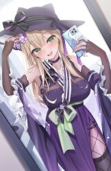 Rule 34 | 0707 una, 1girl, absurdres, bare shoulders, blonde hair, blush, breasts, choker, commentary request, dress, earrings, elbow gloves, gloves, green eyes, hair ornament, highres, holding, holding phone, jewelry, kurumi noah, large breasts, looking at viewer, open mouth, phone, purple dress, purple headwear, solo, thighhighs, virtual youtuber, vspo!